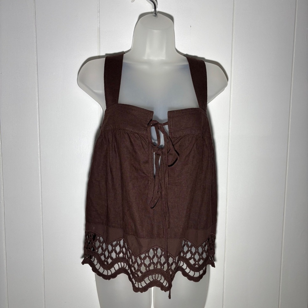 Rachel Zoe Brown Linen Blend Crochet Lace Trim Tie Front Camisole Tank Top M